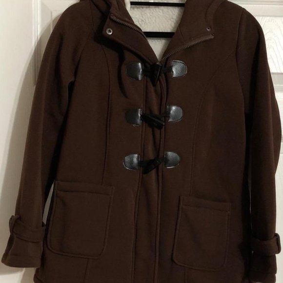 Pea Coat Jacket Brown Hood Toggles& Zipper Pockets - Picture 7 of 16